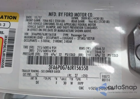 2018 Ford Fusion S из США, поврежденный, VIN 3FA6P0G76JR156558